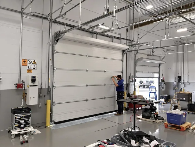 Commercial garage door repair being performed by Claremont Garage Door Repair expert in Claremont