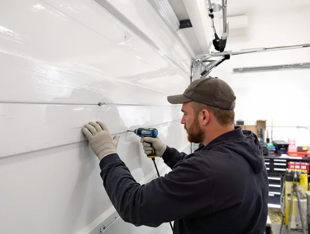 Claremont Garage Door Repair technician demonstrating precision dent removal techniques on a Claremont garage door