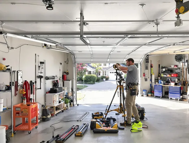 Claremont Garage Door Repair specialist performing laser-guided track alignment in Claremont